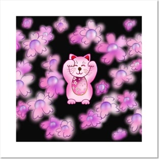 Cute pink maneki neko with pearl flowers Posters and Art